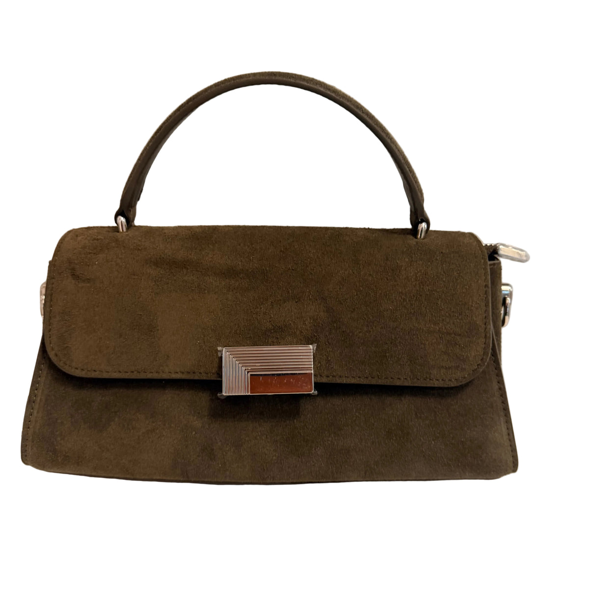 An olive green suede handbag with a top handle and a silver-tone geometric clasp on the front flap, set against a plain light background.