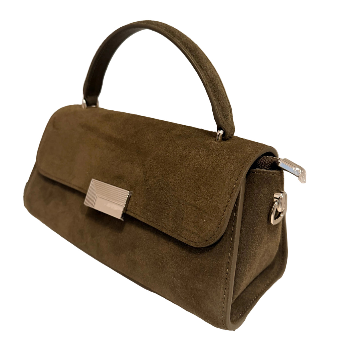 An olive green suede handbag with a top handle, silver-tone hardware, and a zippered closure, shown on a white surface against a light gray wall.