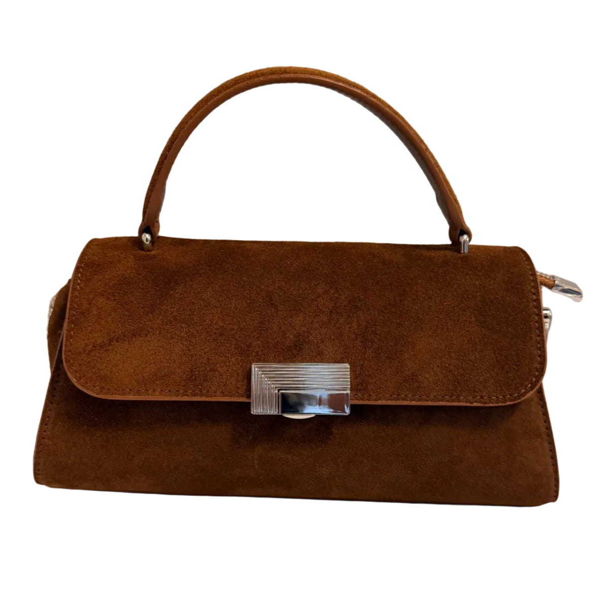 A brown suede handbag with a top handle and a silver-tone geometric clasp on the front flap, shown against a plain white background.