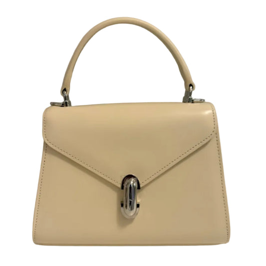 A cream-colored leather handbag with a top handle and a silver-tone metal clasp, set against a plain gray background.