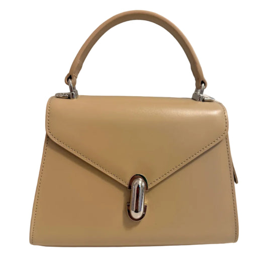 A structured beige leather handbag with a top handle, envelope-style flap, and a silver-toned metal clasp, photographed against a plain light gray background.