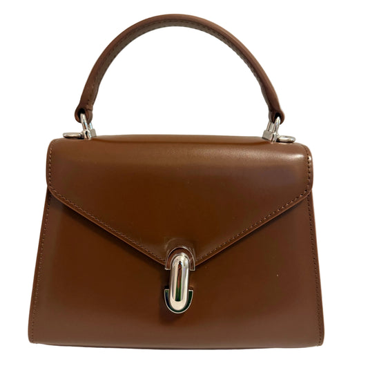 A brown leather top-handle handbag with a front flap and silver-tone hardware, photographed against a plain light background.