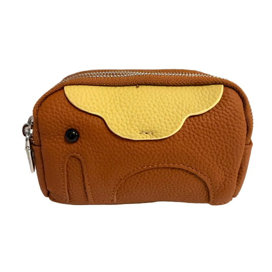 A brown pebbled faux-leather zip pouch shaped like an elephant, featuring a light yellow textured flap on top, a small black embroidered eye, and a silver zipper pull.