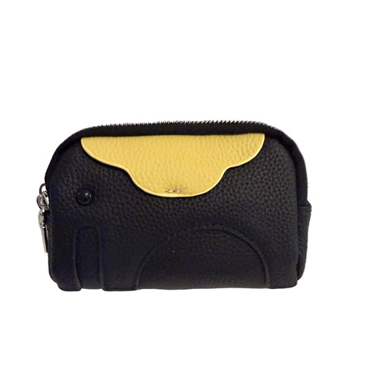 A small black pebbled leather pouch with a contrasting yellow top flap, shown on a plain light background.