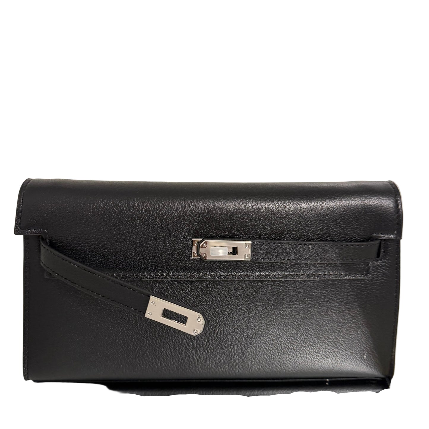 Black leather briefcase with a silver clasp on a light beige background