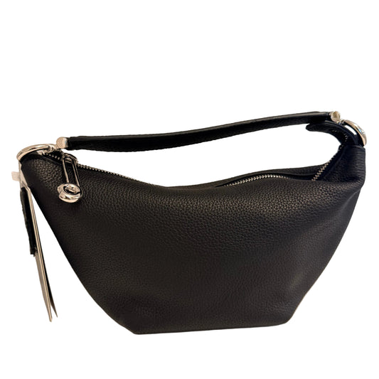 A black pebbled leather crescent-shaped shoulder bag with silver-tone hardware, shown on a plain light background.