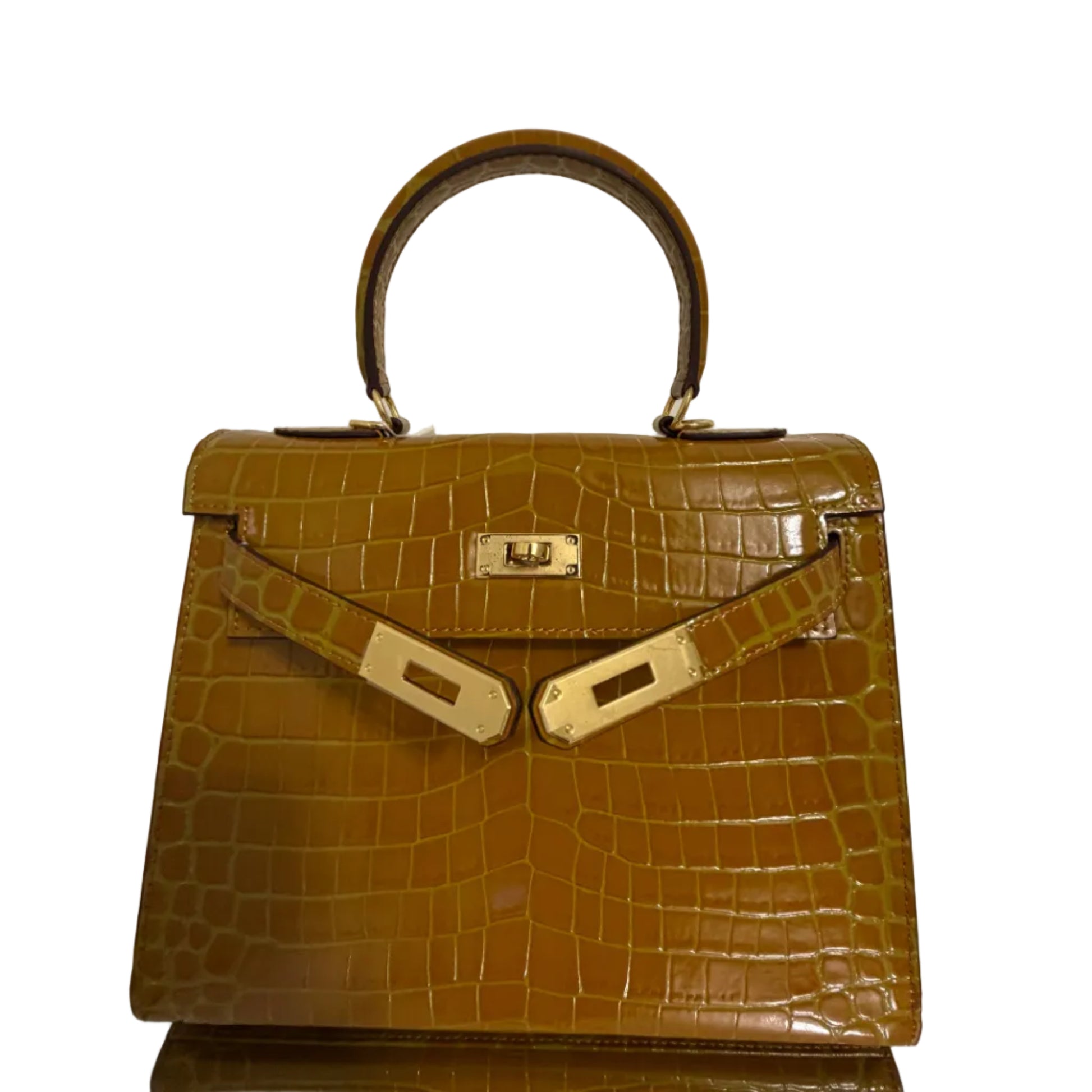 Brown crocodile-patterned handbag with gold hardware on a white background