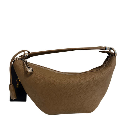 A taupe brown pebbled leather crescent-shaped shoulder bag with silver-tone hardware, shown with its black retail tag attached against a plain light gray background.