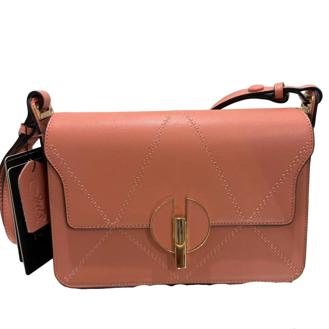 Pink handbag with gold clasp on a light gray background