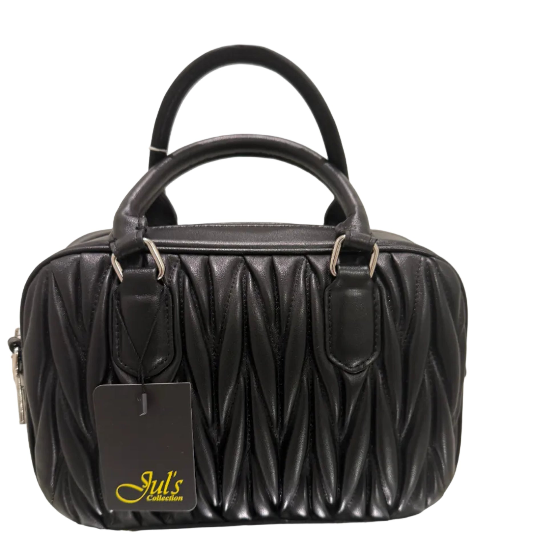 Black quilted handbag with visible brand logo on a neutral background