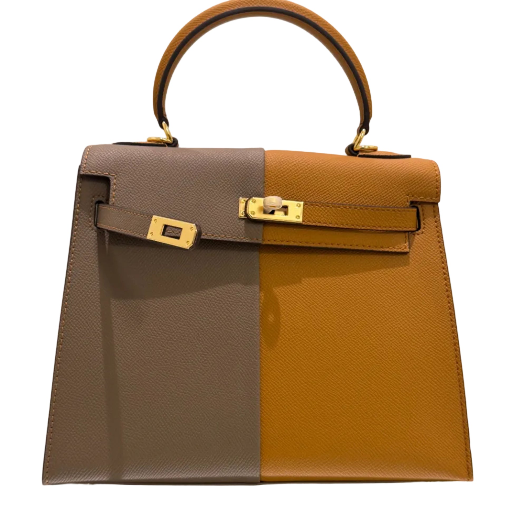 Brown and gray handbag with gold accents on a light beige background