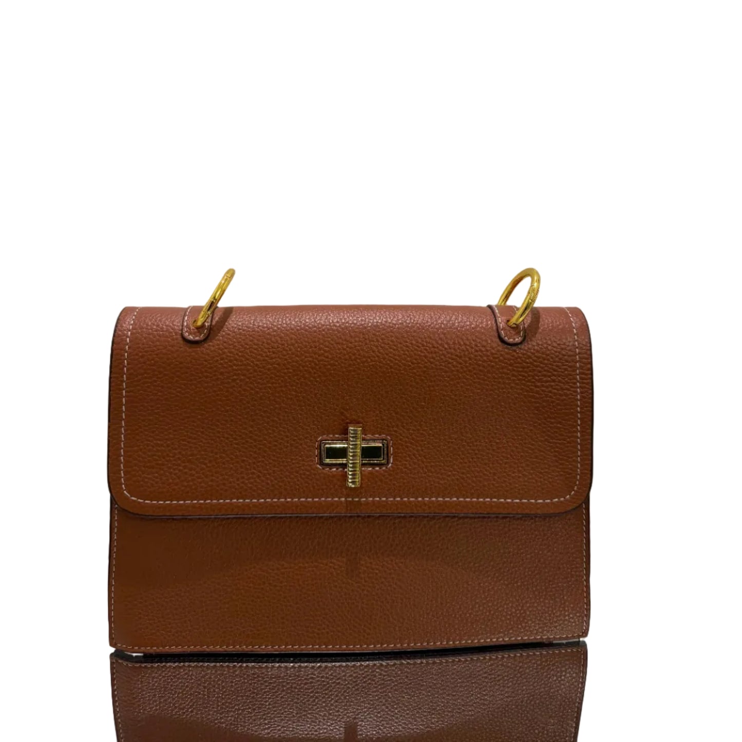 Brown leather wallet with gold accents on a light gray background