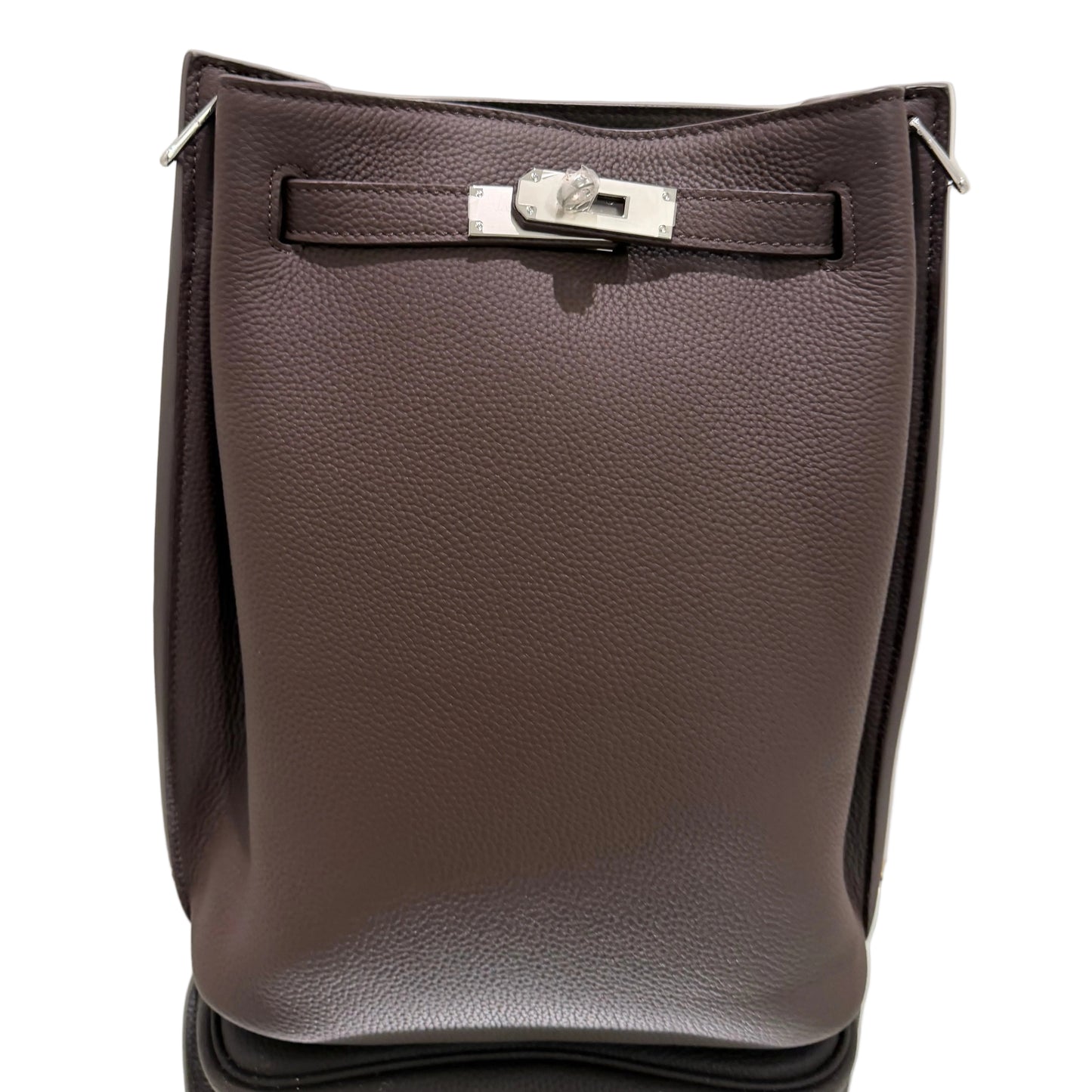 Brown leather bag with a silver buckle on a light gray background