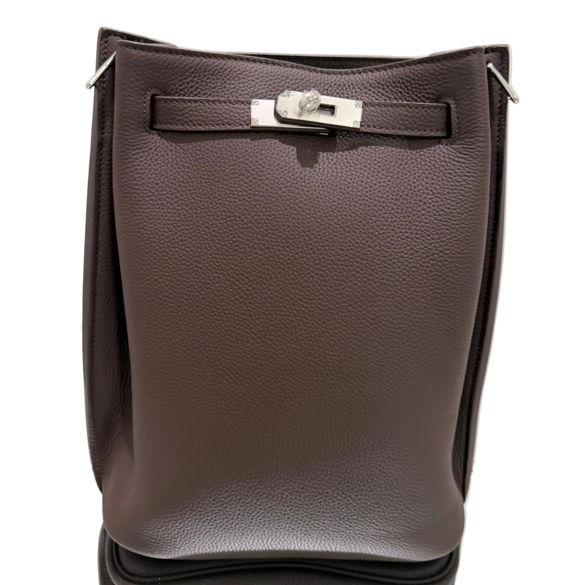 Brown leather bag with a silver buckle on a light gray background
