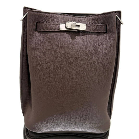 Brown leather bag with a silver buckle on a light gray background