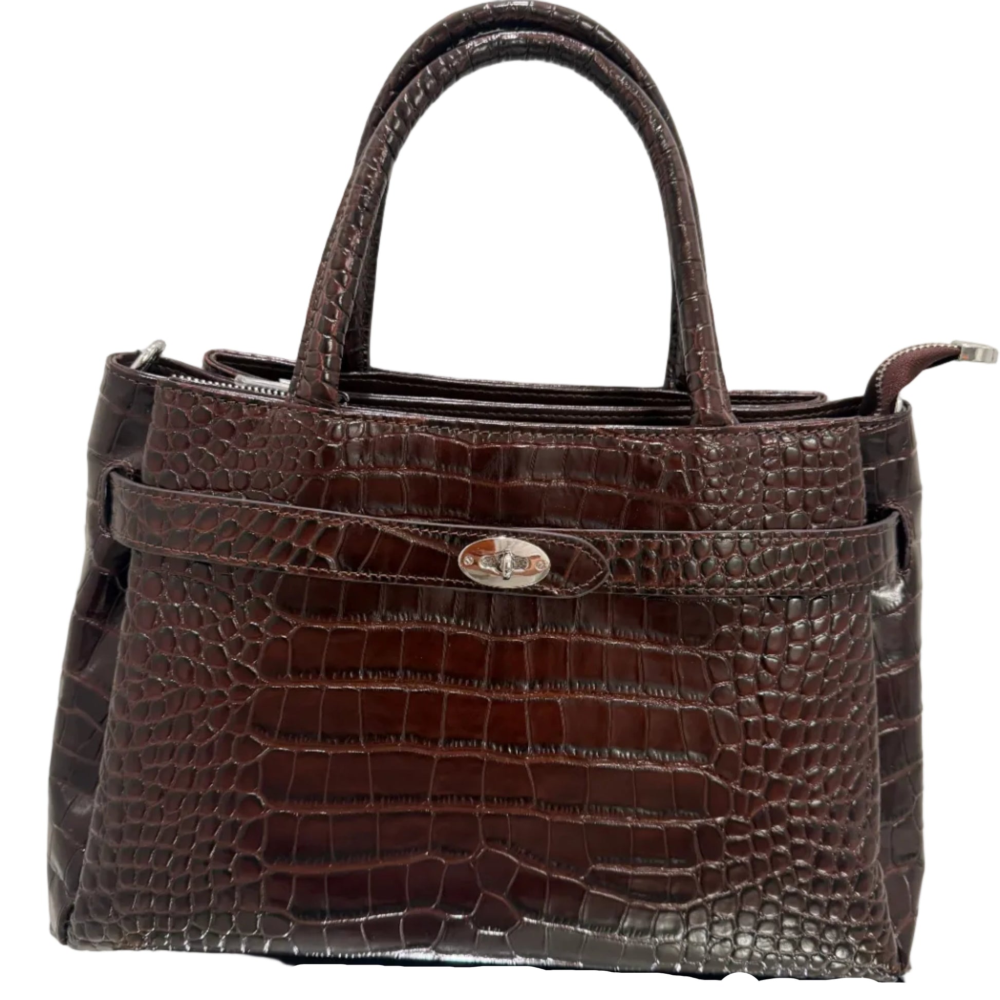 Brown crocodile-patterned handbag on a light beige background