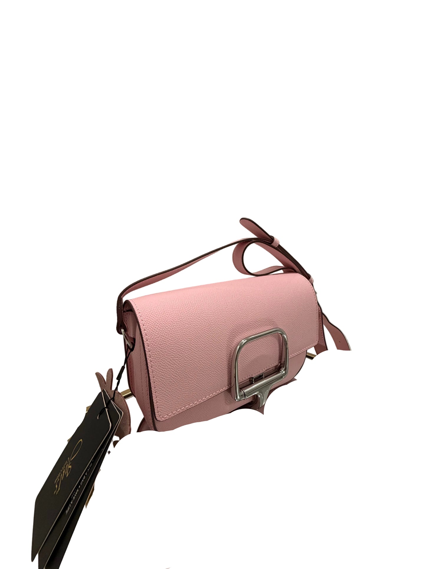 Pink handbag with silver buckle on a white background