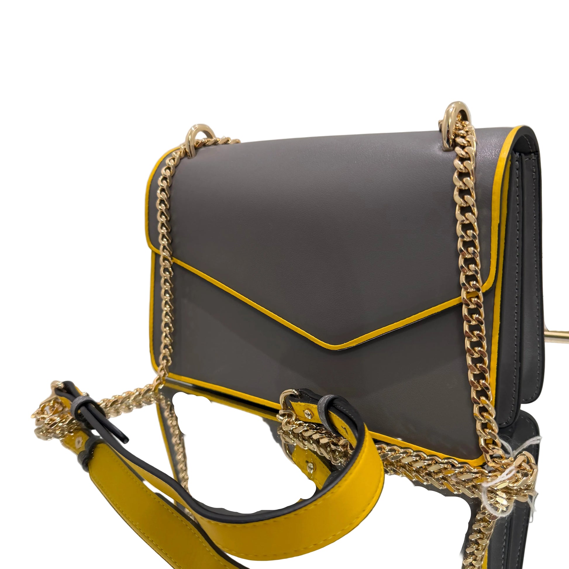 Gray handbag with yellow accents and a gold chain strap on a white background