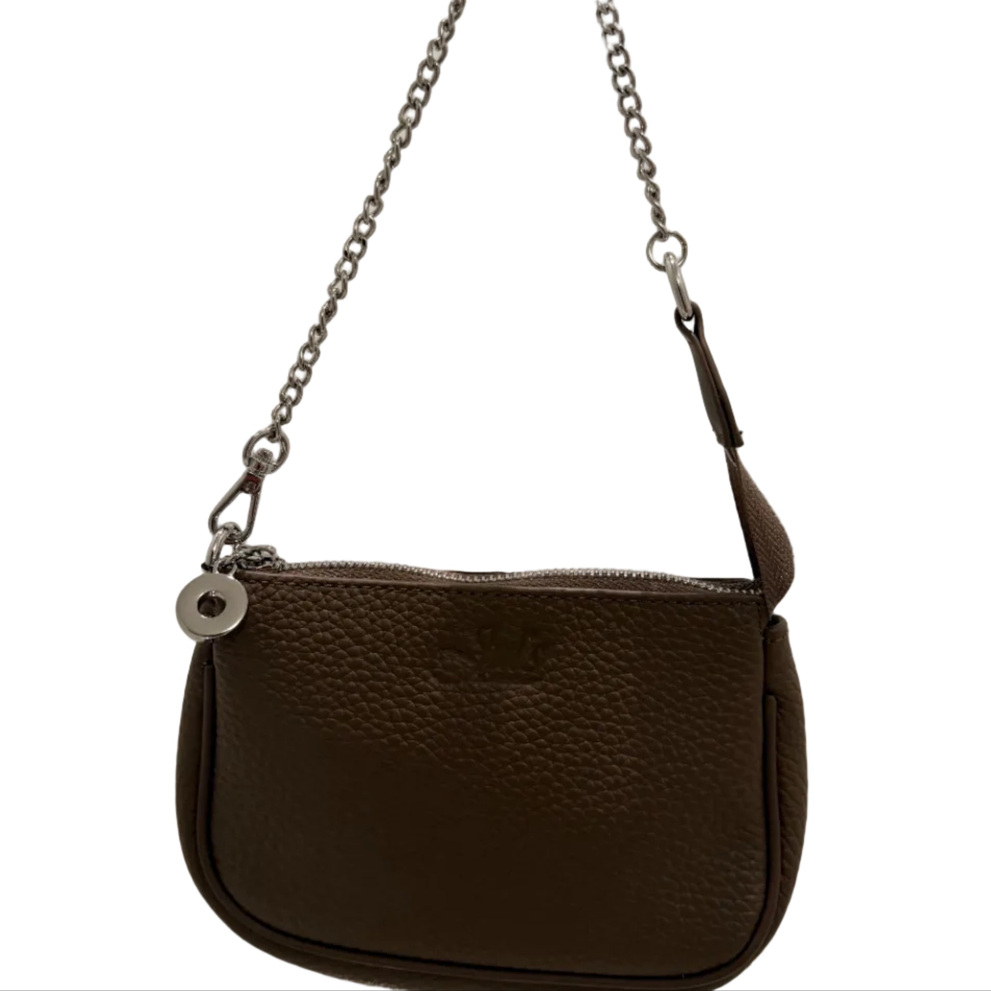 Brown leather bag with chain strap on a light background