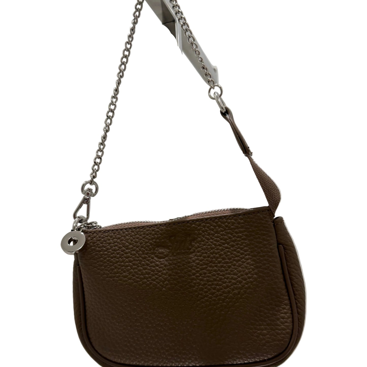 Brown leather handbag with a chain detail on a white background