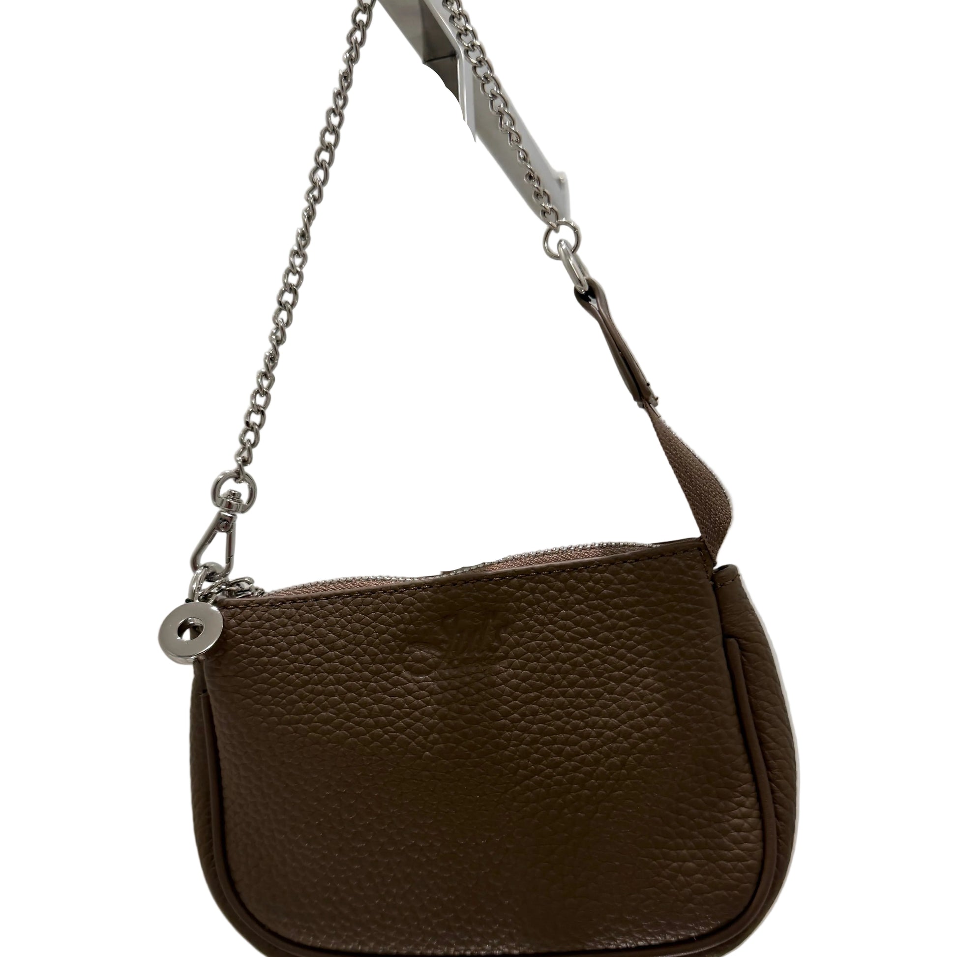 Brown leather handbag with a chain detail on a white background