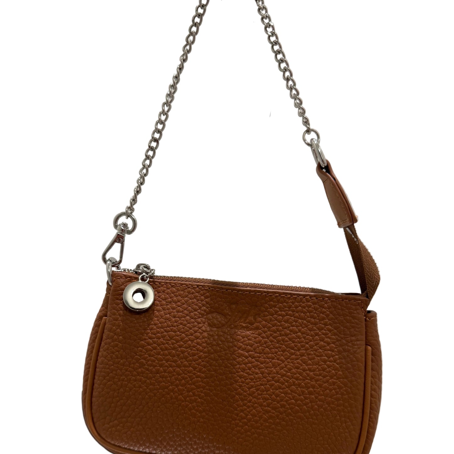 Brown leather crossbody bag with chain strap on a white surface, branded 'Julie's Collection'.