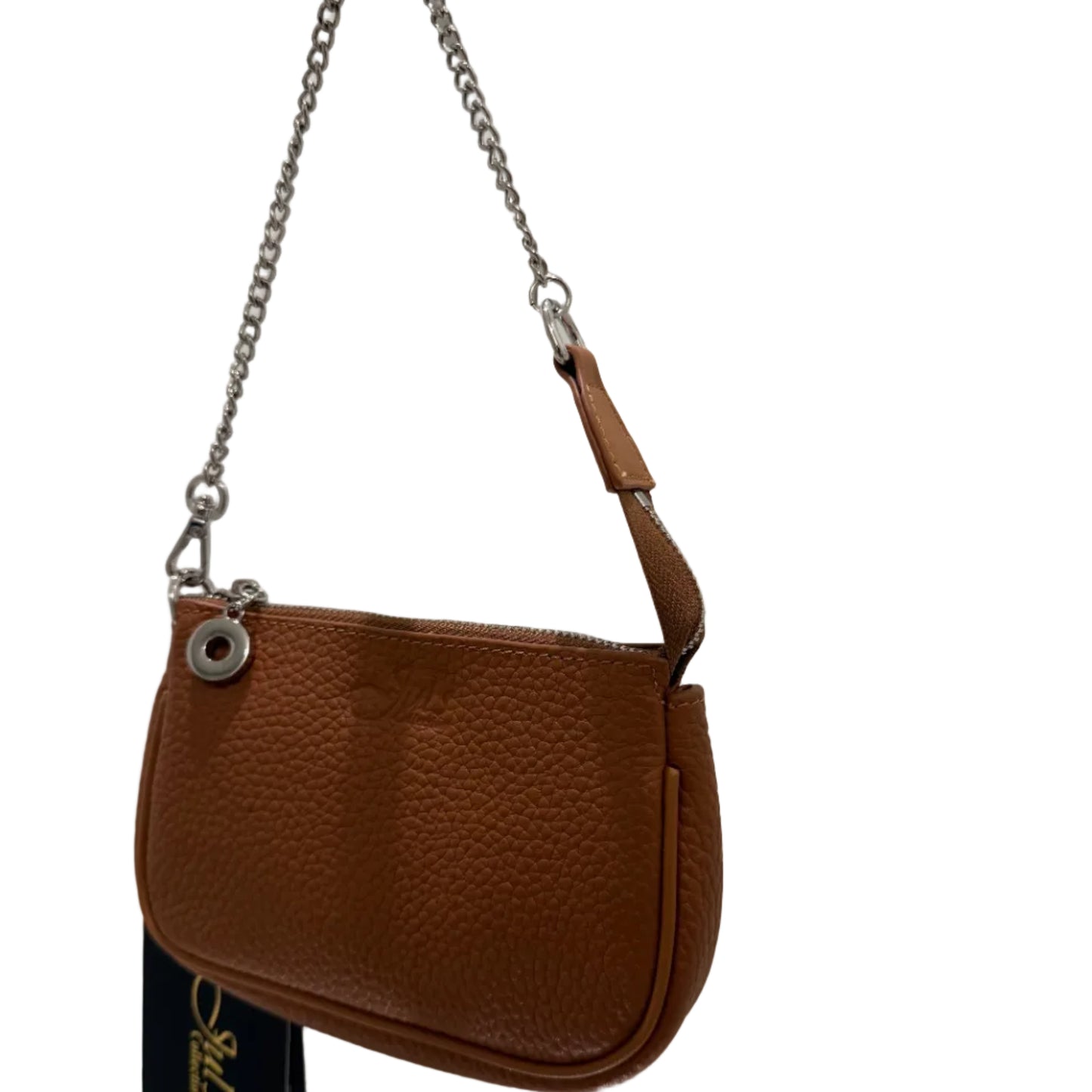 Brown leather pouch with chain on a white surface