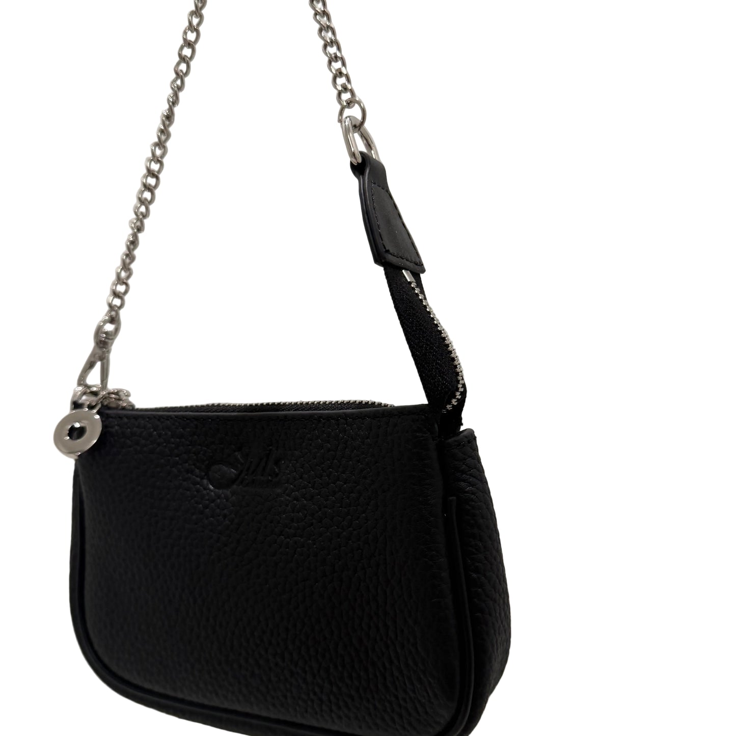 Black pouch with a chain detail on a white surface