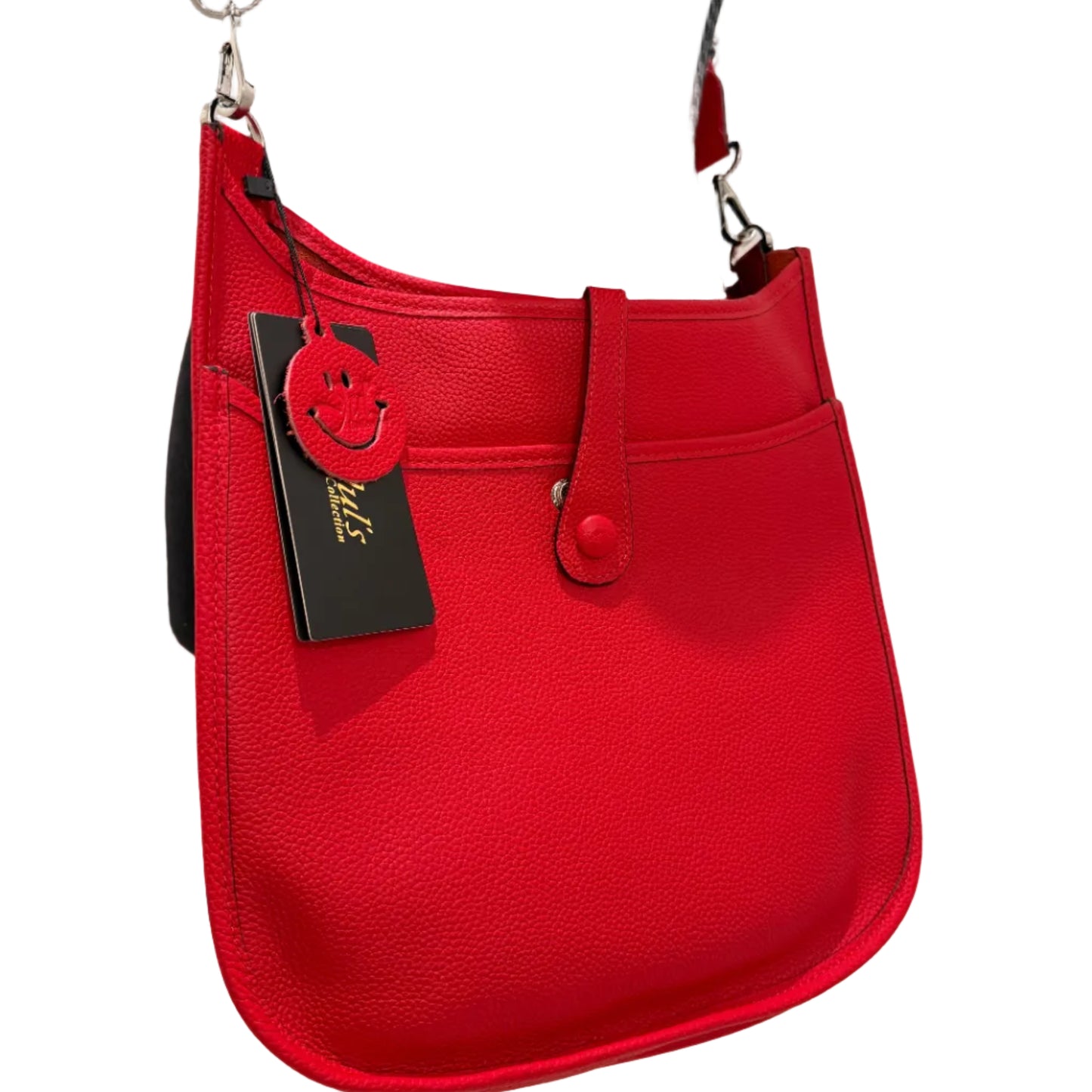 Red bag with a visible brand tag on a white background