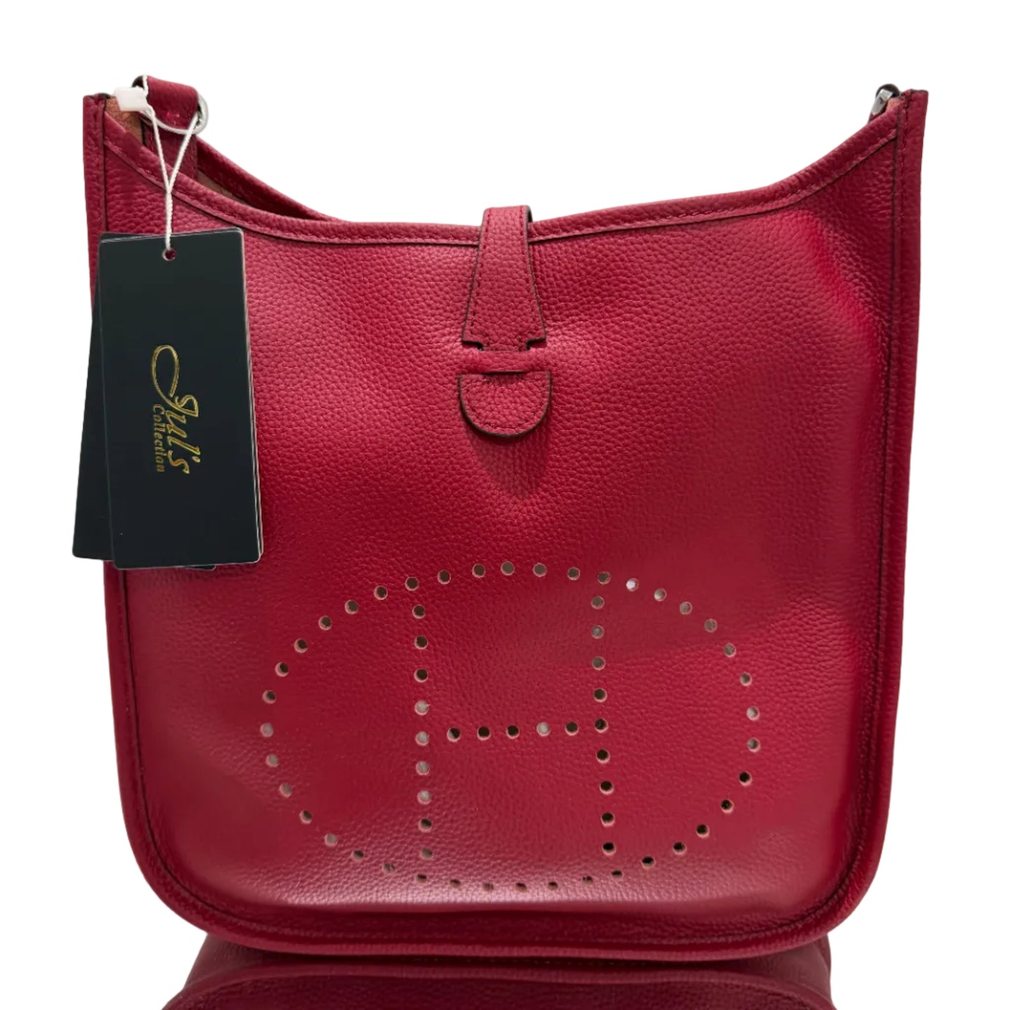 Red leather bag with a visible brand tag on a light background