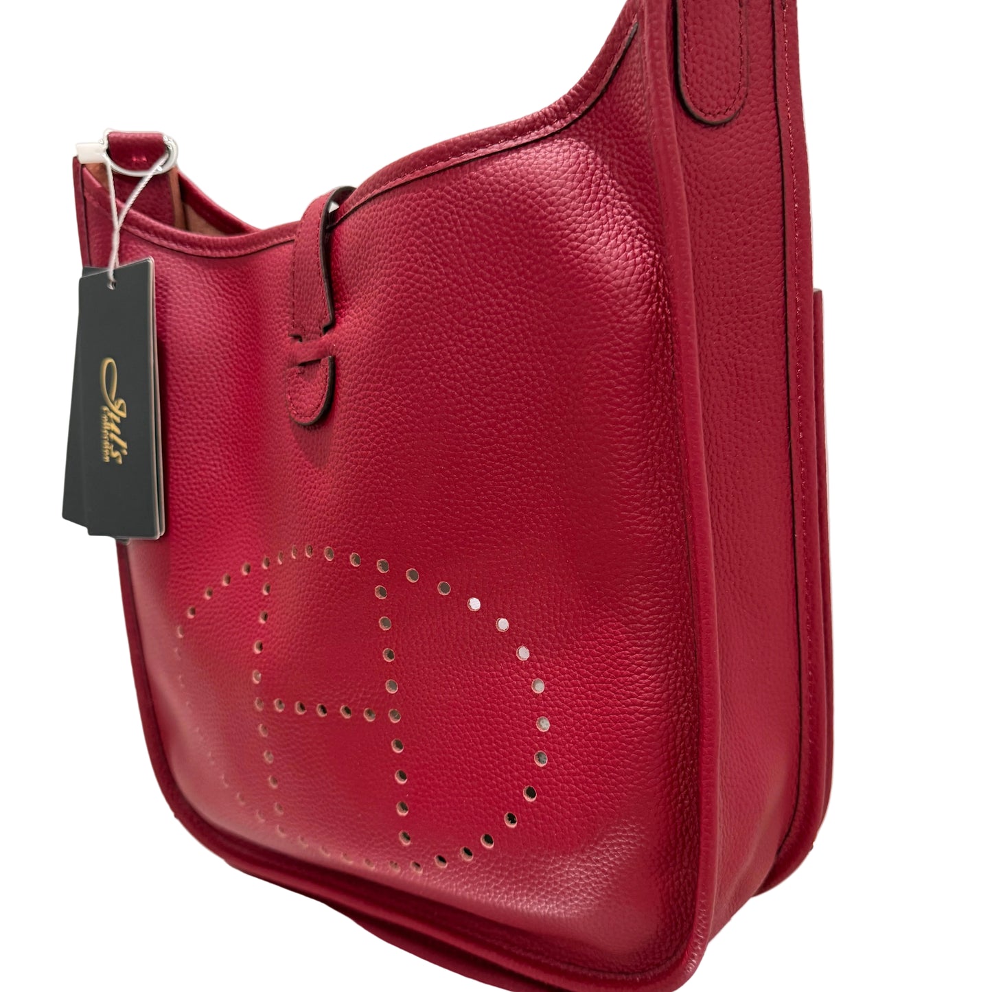 Red leather bag with a visible brand logo on a white background