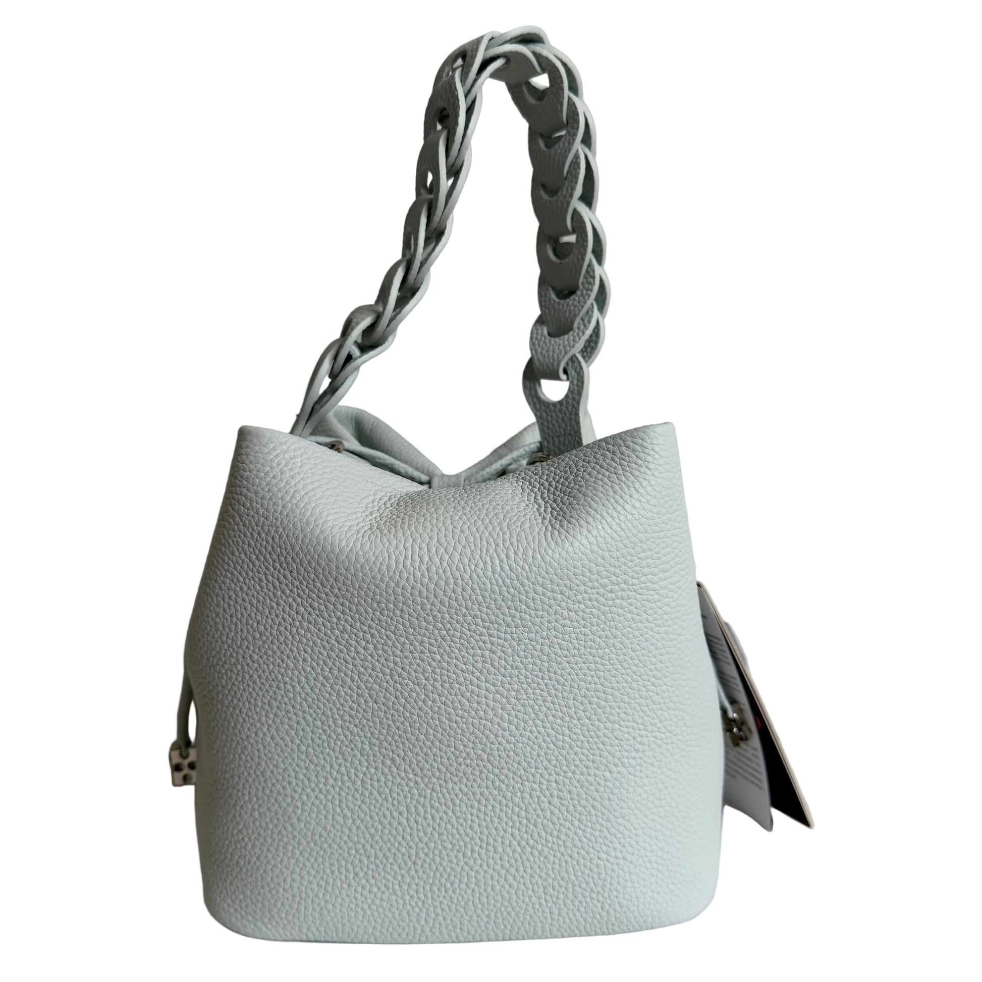 Light blue handbag with a braided handle on a light gray background
