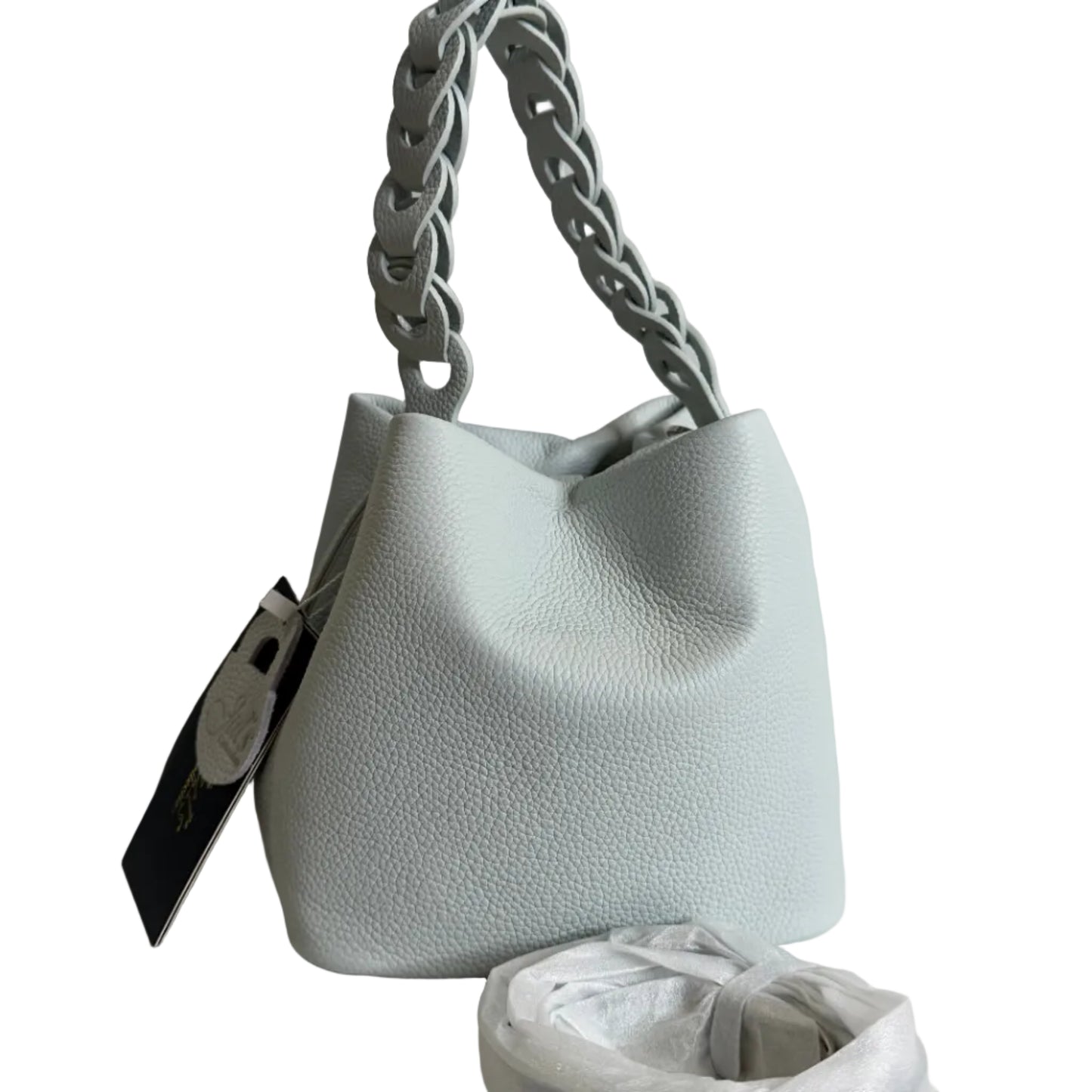 Light blue handbag with chain handle on a white background