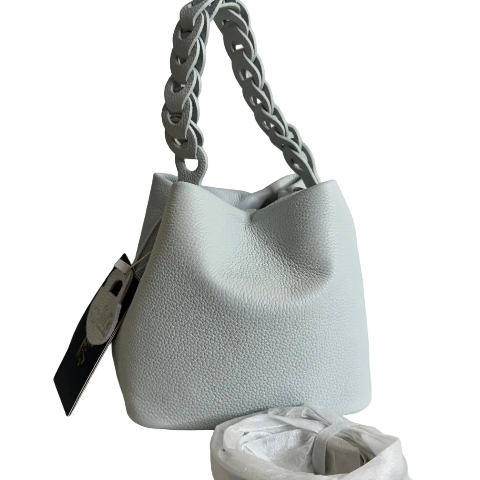 Light blue handbag with chain handle on a white background