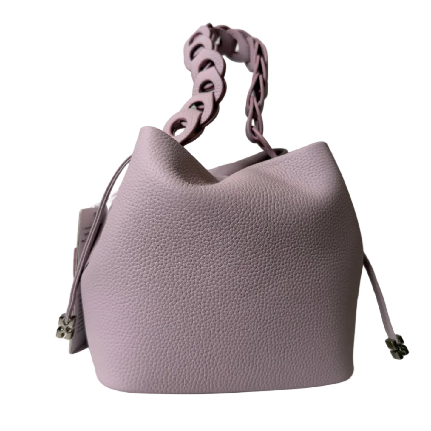 Purple handbag with a braided strap on a white background