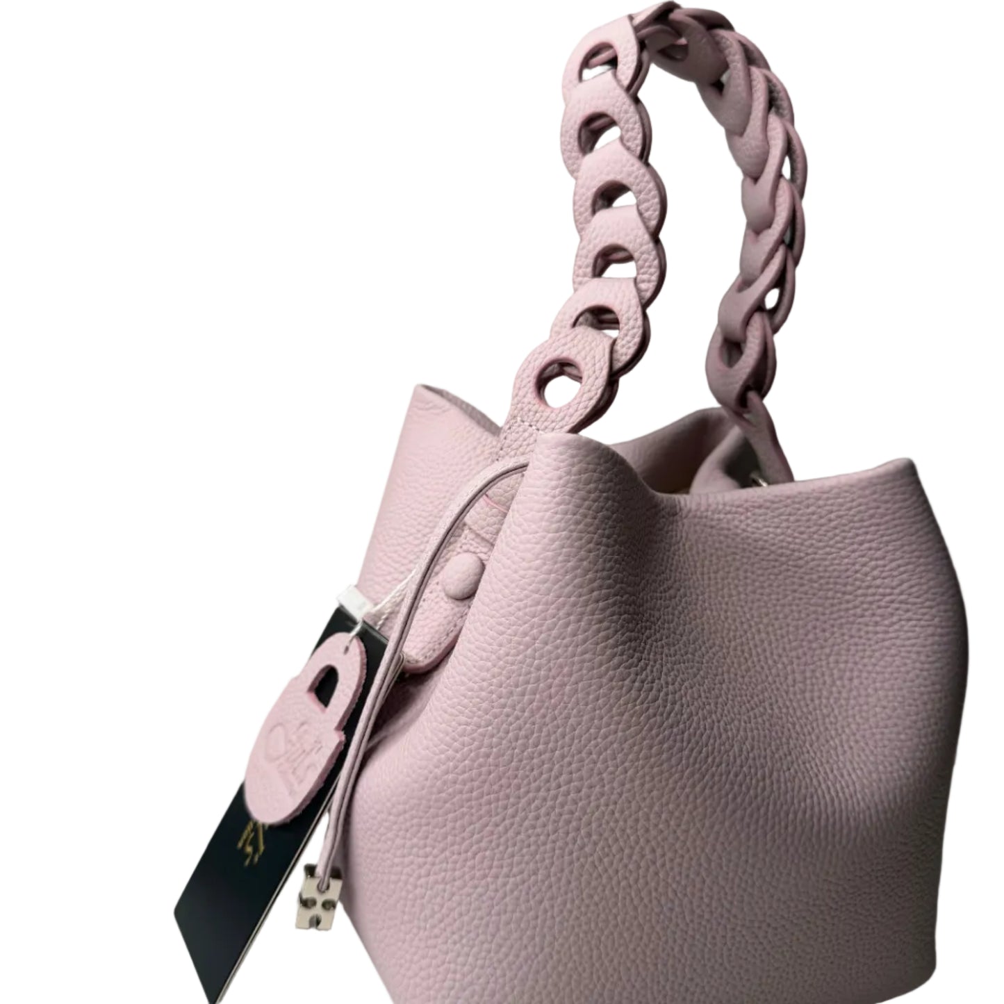 Pink handbag with chain strap on a light gray background