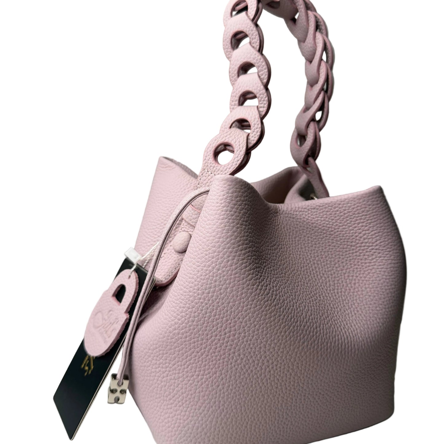 Purple handbag with braided handle on a light gray background