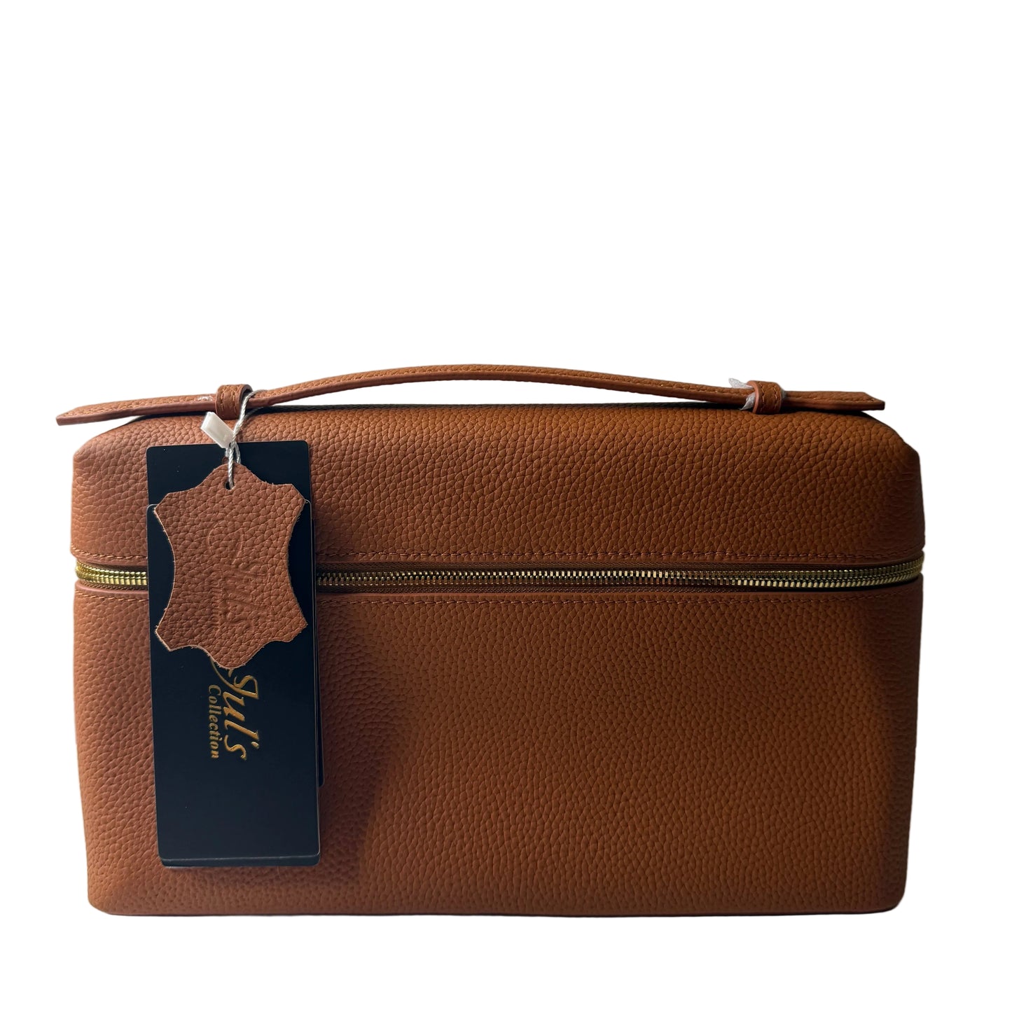Brown leather bag with a visible brand tag on a white background