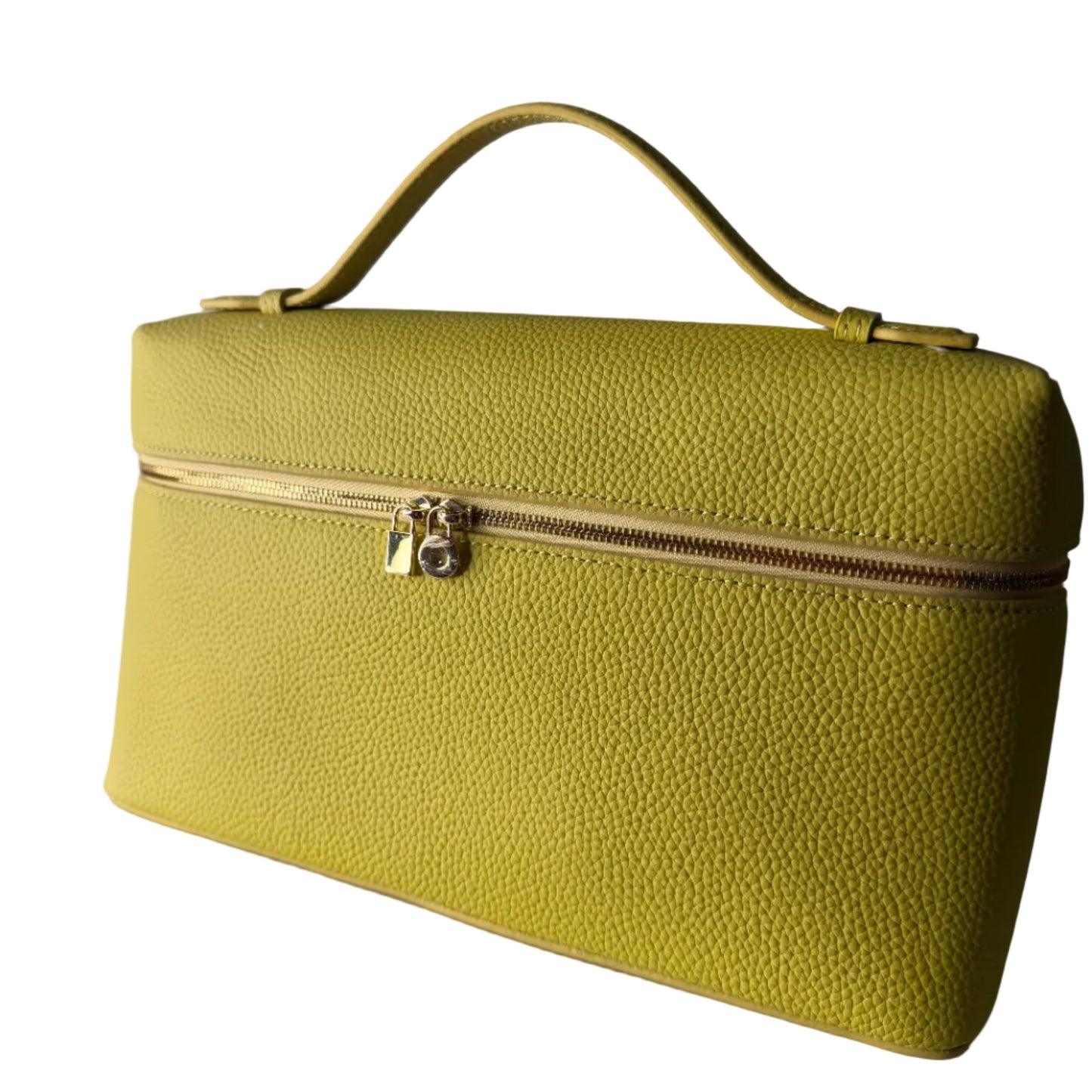 Yellow handbag with a gold zipper on a light gray background