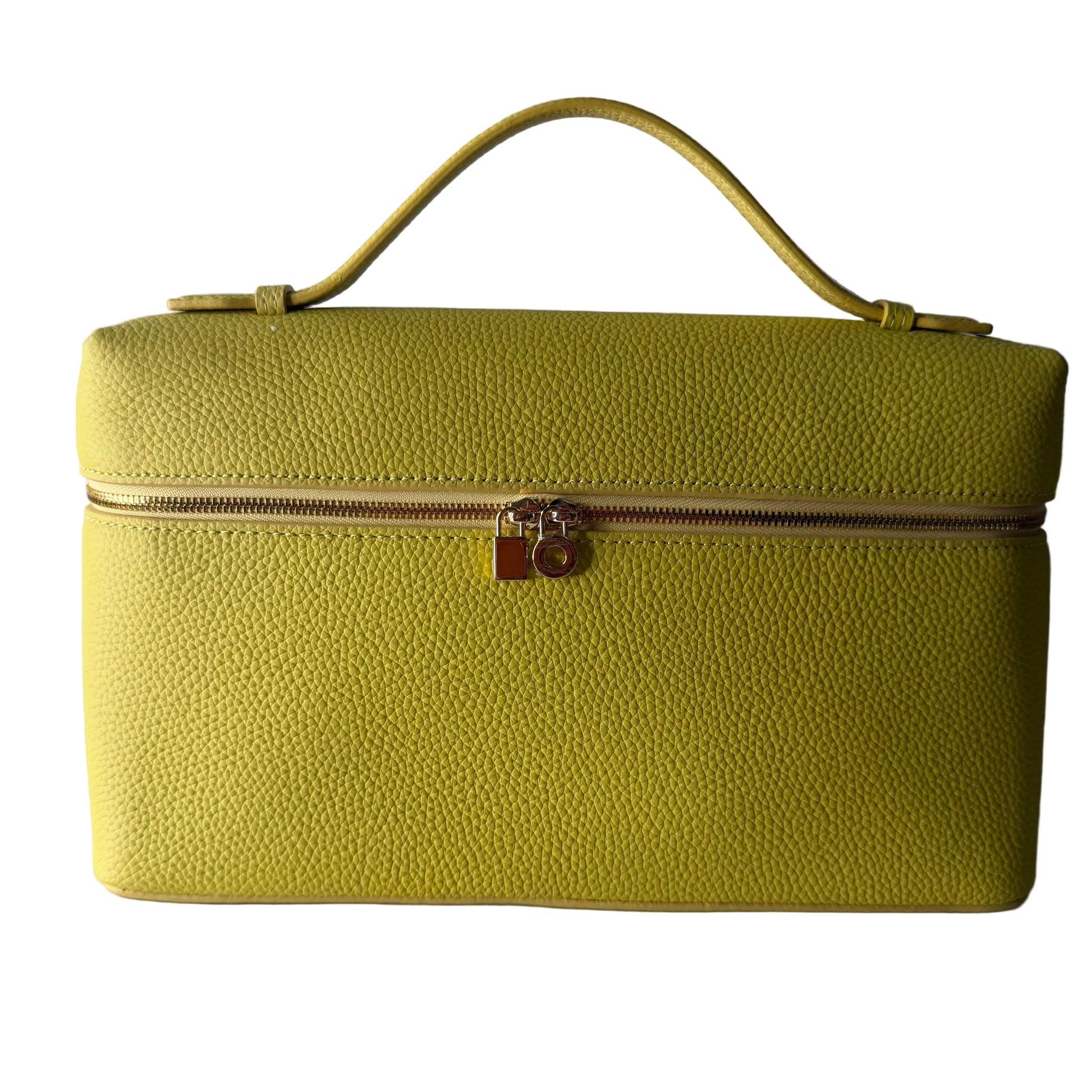 Yellow handbag with a gold zipper on a white background