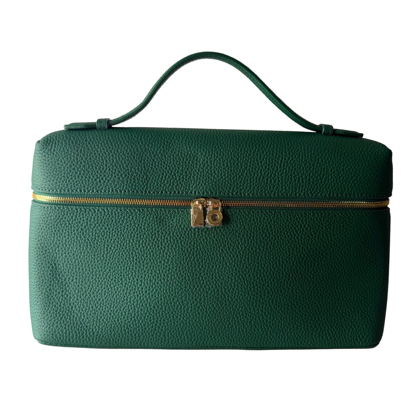 Green handbag with a gold clasp on a white background