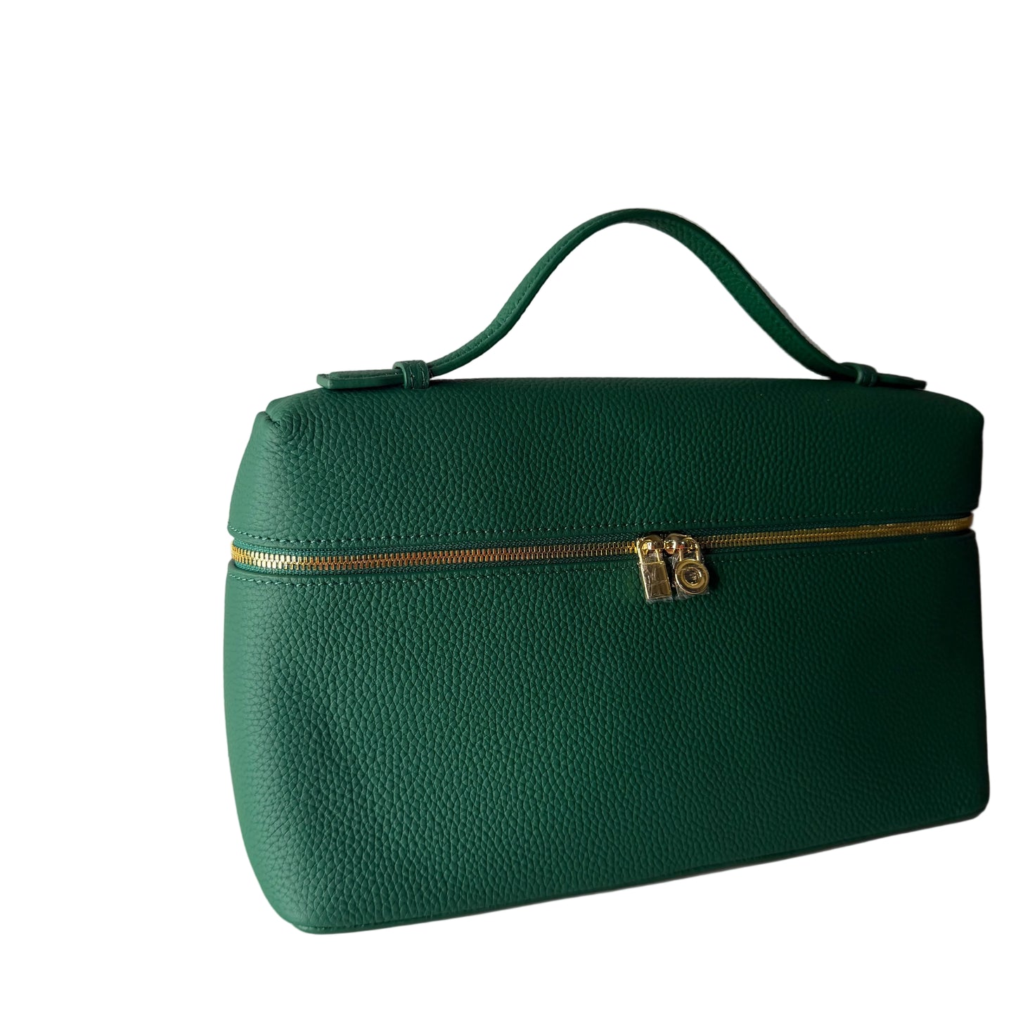 Green handbag with a gold zipper on a white background