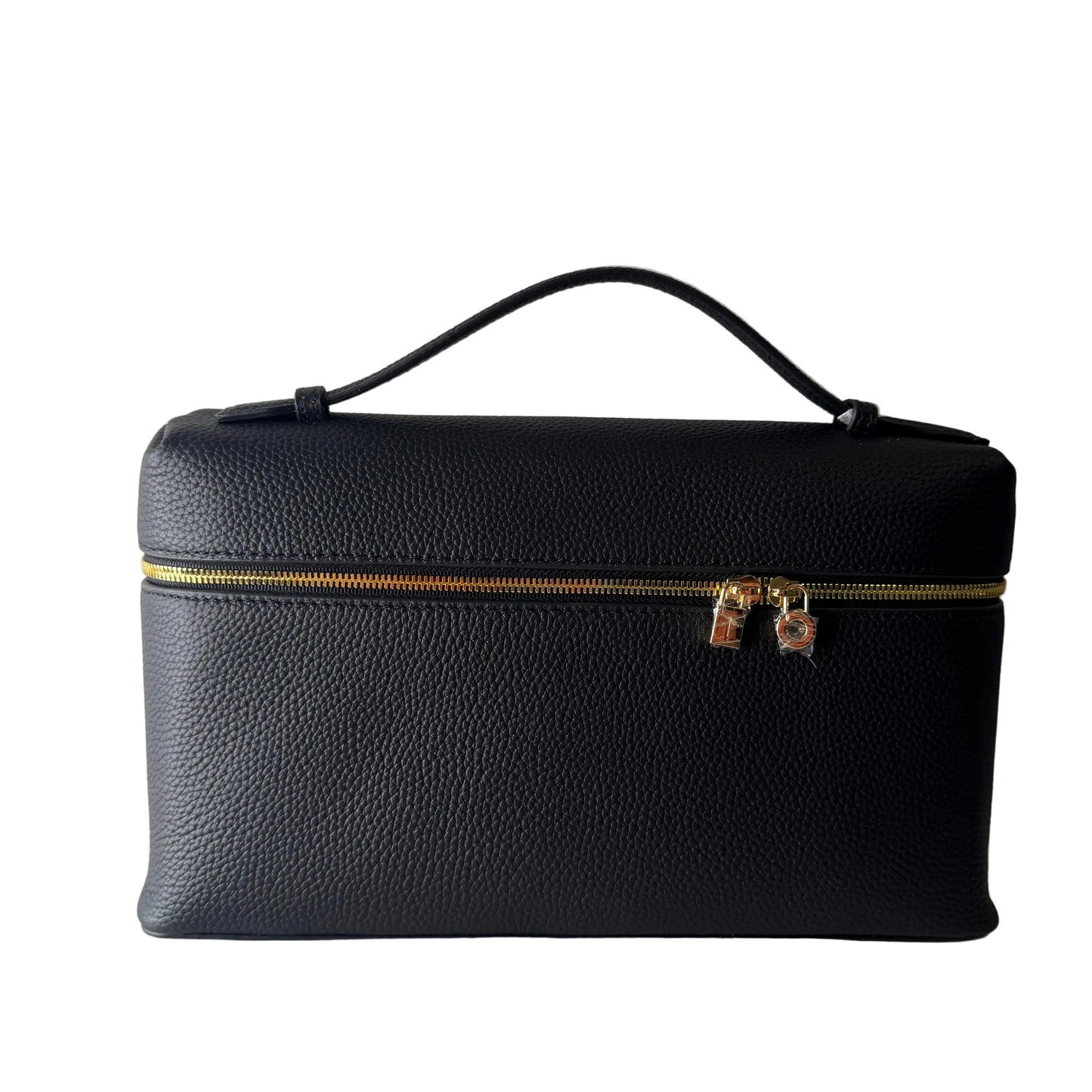 Black leather clutch bag with a gold zipper on a white background