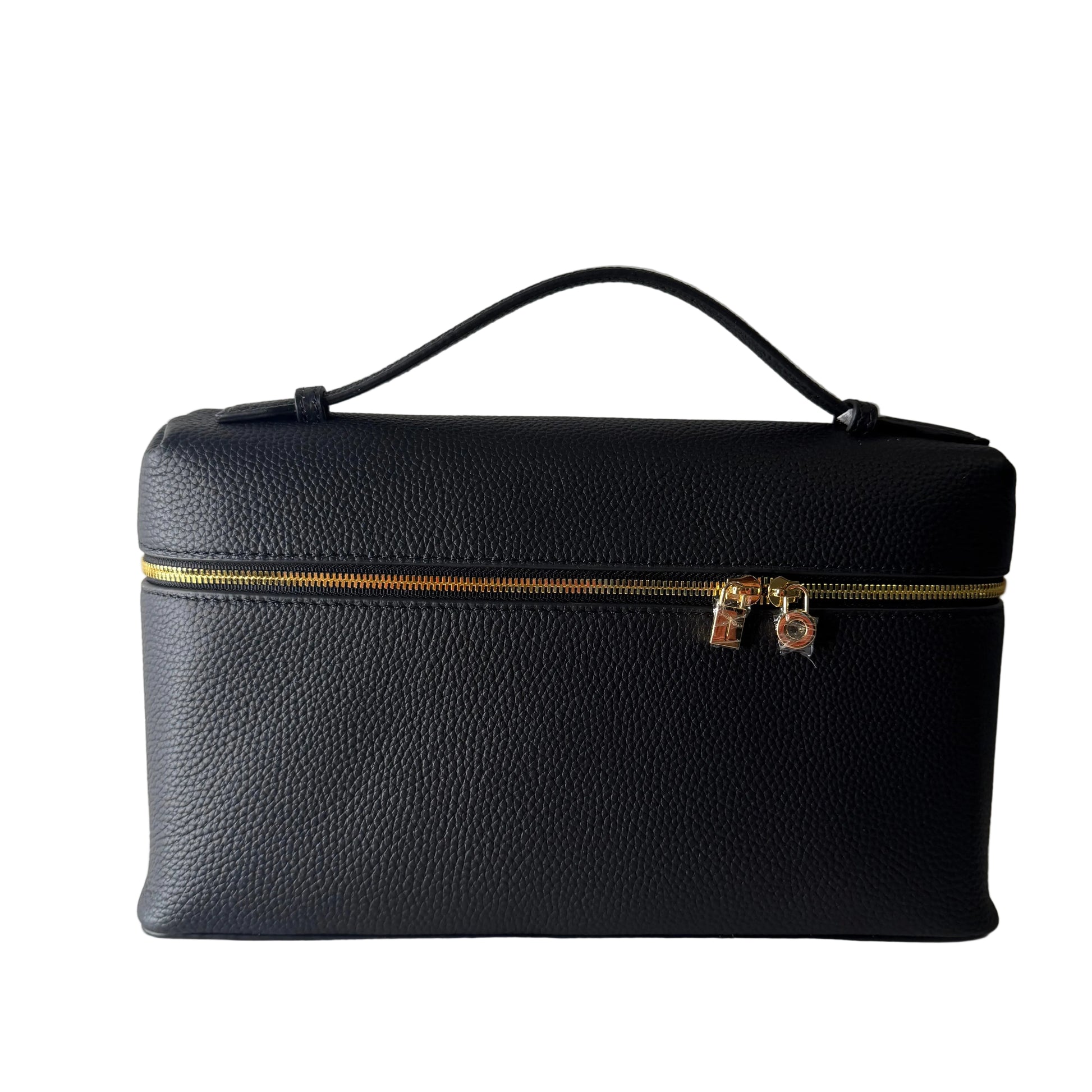 Black leather clutch bag with a gold zipper on a white background