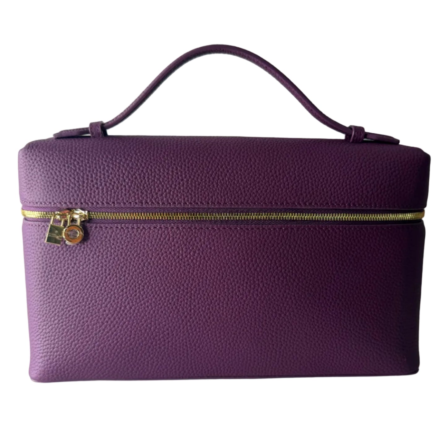 Purple handbag with a gold zipper on a white background