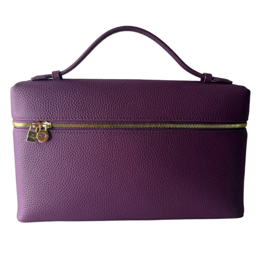 Purple handbag with a gold zipper on a white background