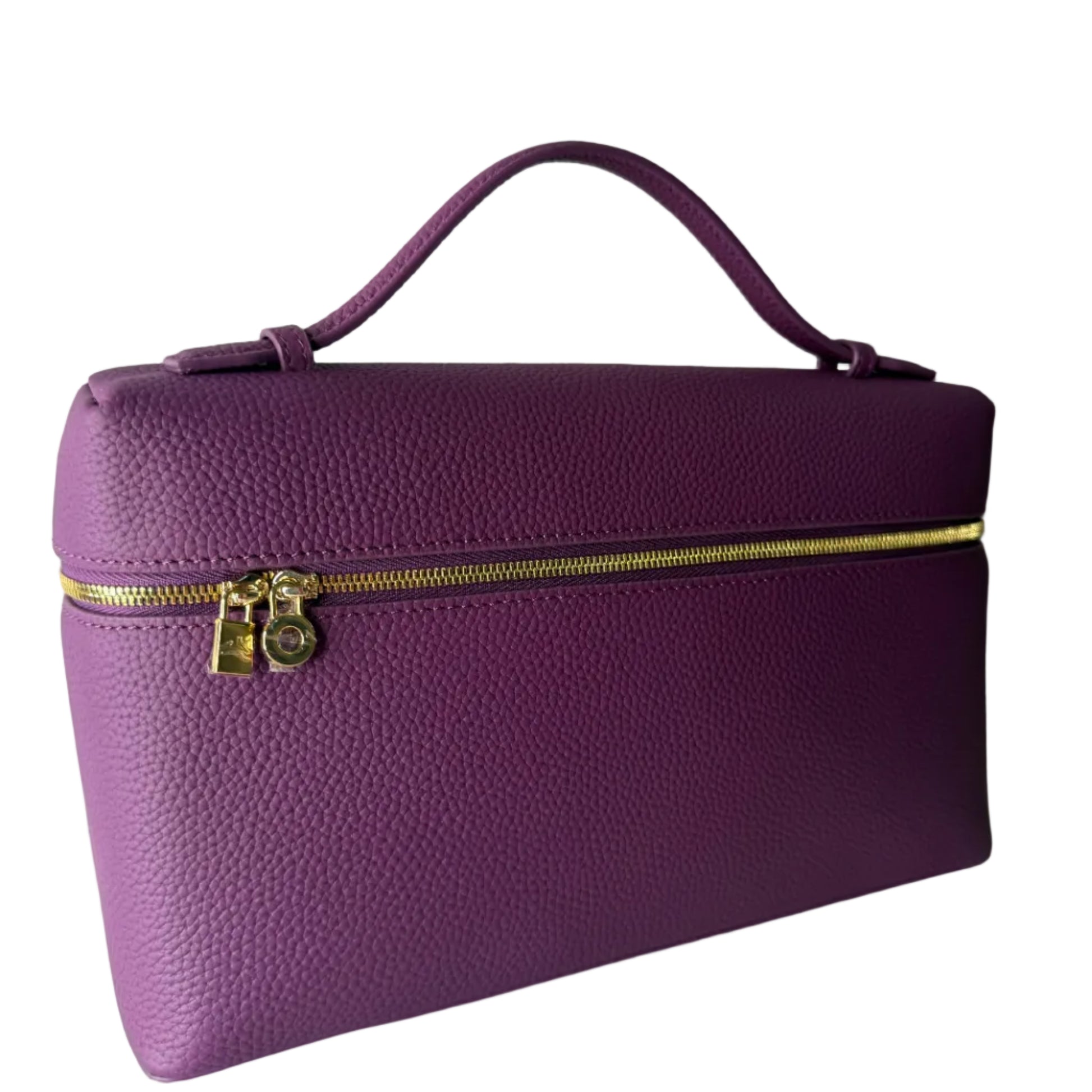 Purple handbag with a gold zipper on a white background