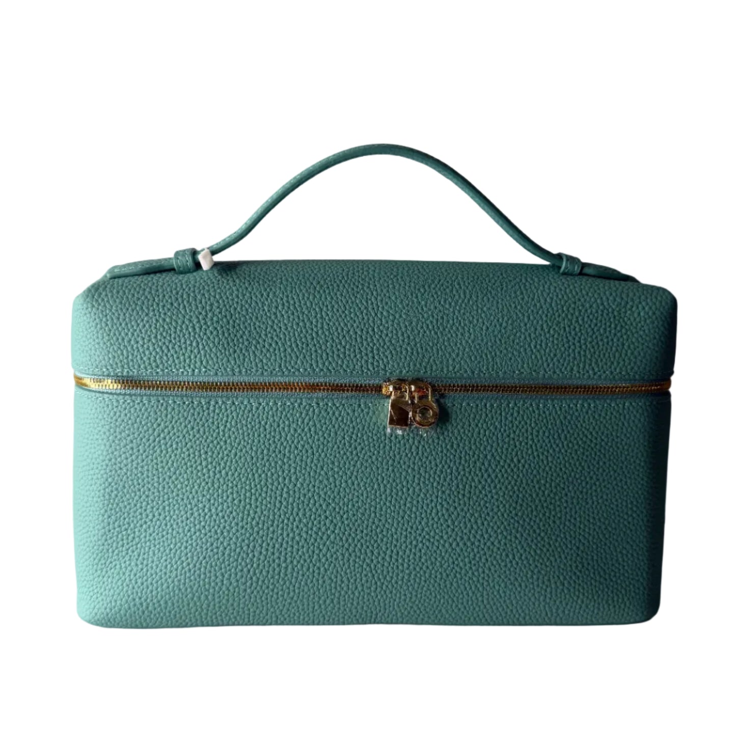 Green handbag with a gold clasp on a white background