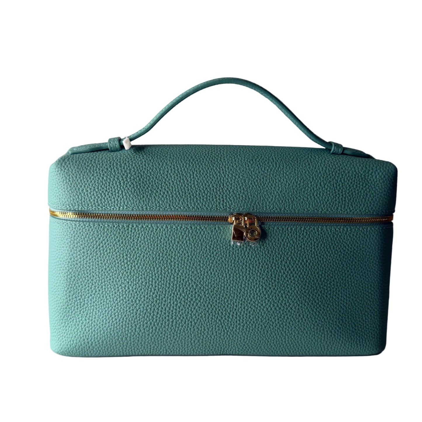 Teal handbag with a gold clasp on a white background