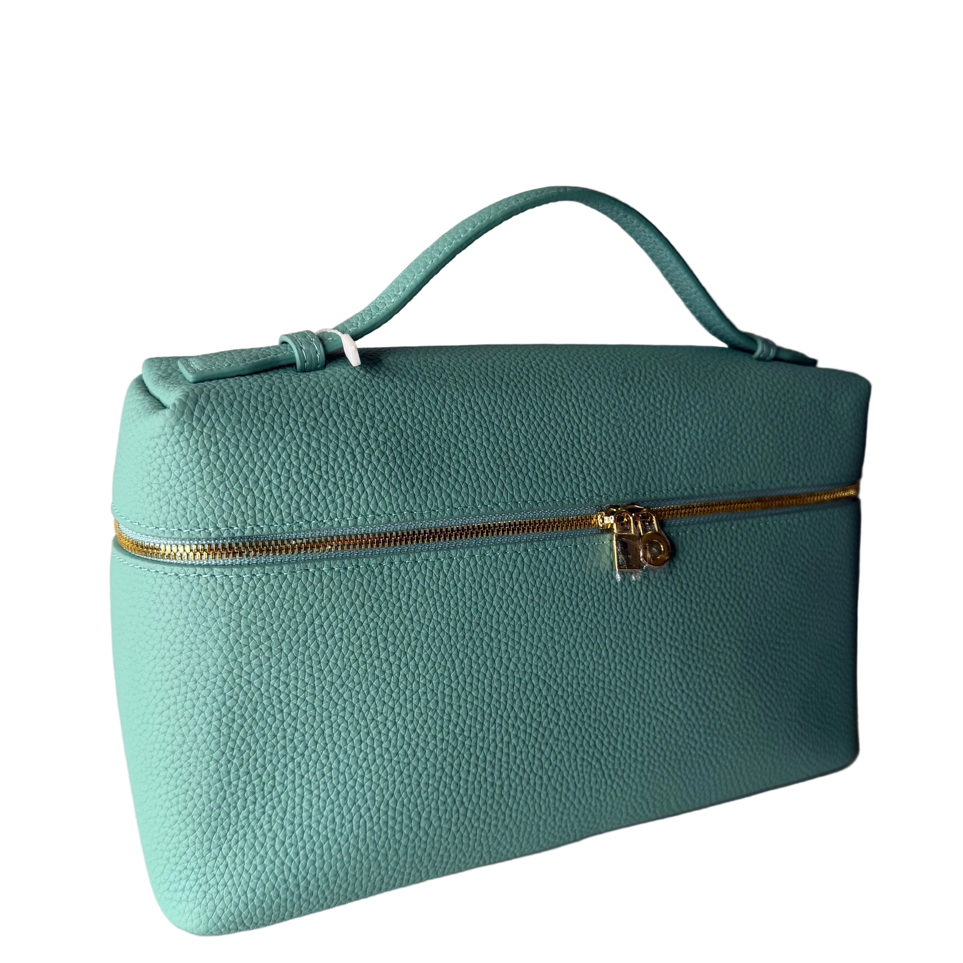Teal handbag with a gold clasp on a light gray background